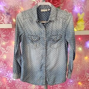 Hinge Denim Snap Up Blue Polka Dot Blouse